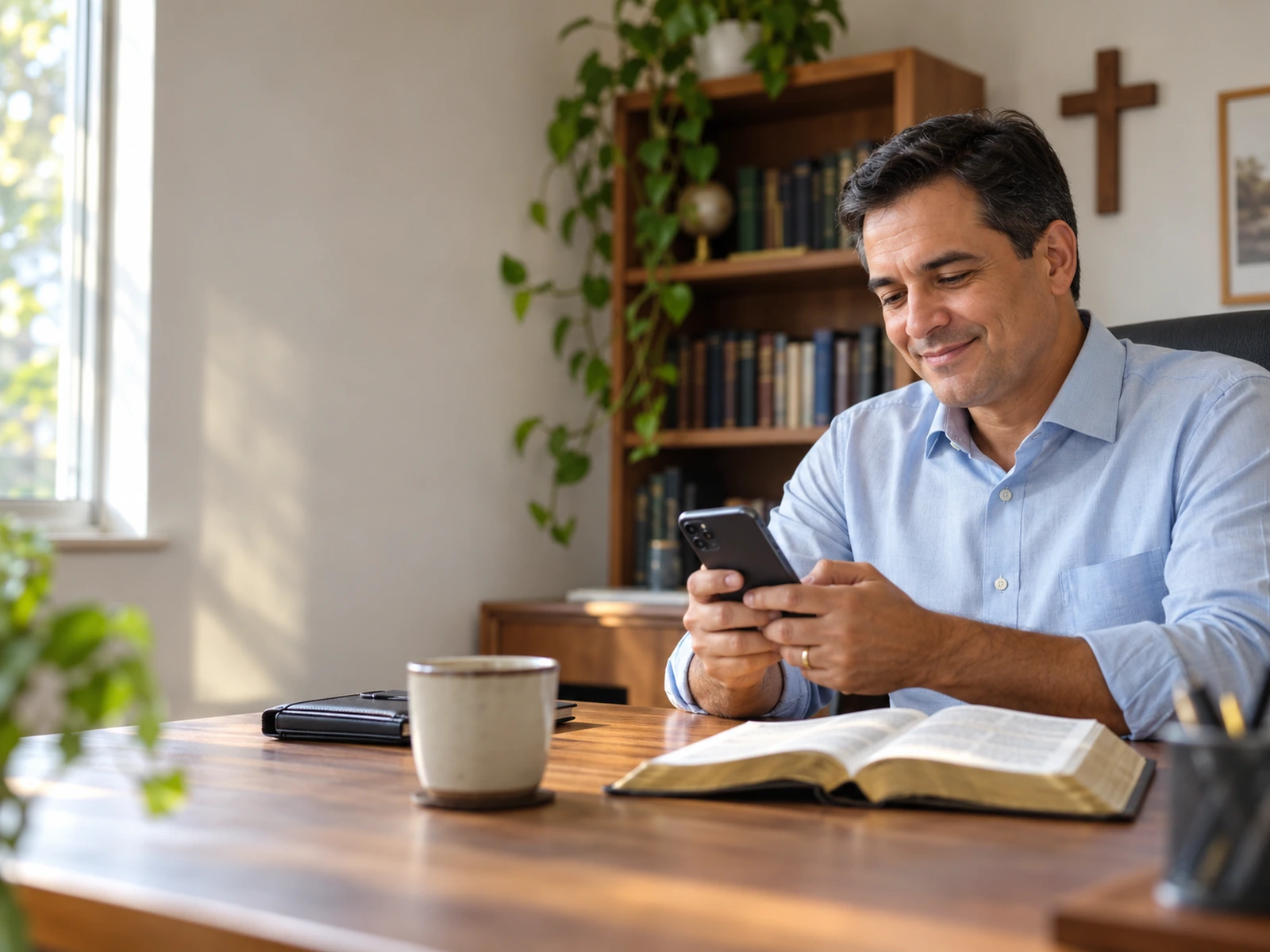 Pastor confere o celular no escritório da igreja